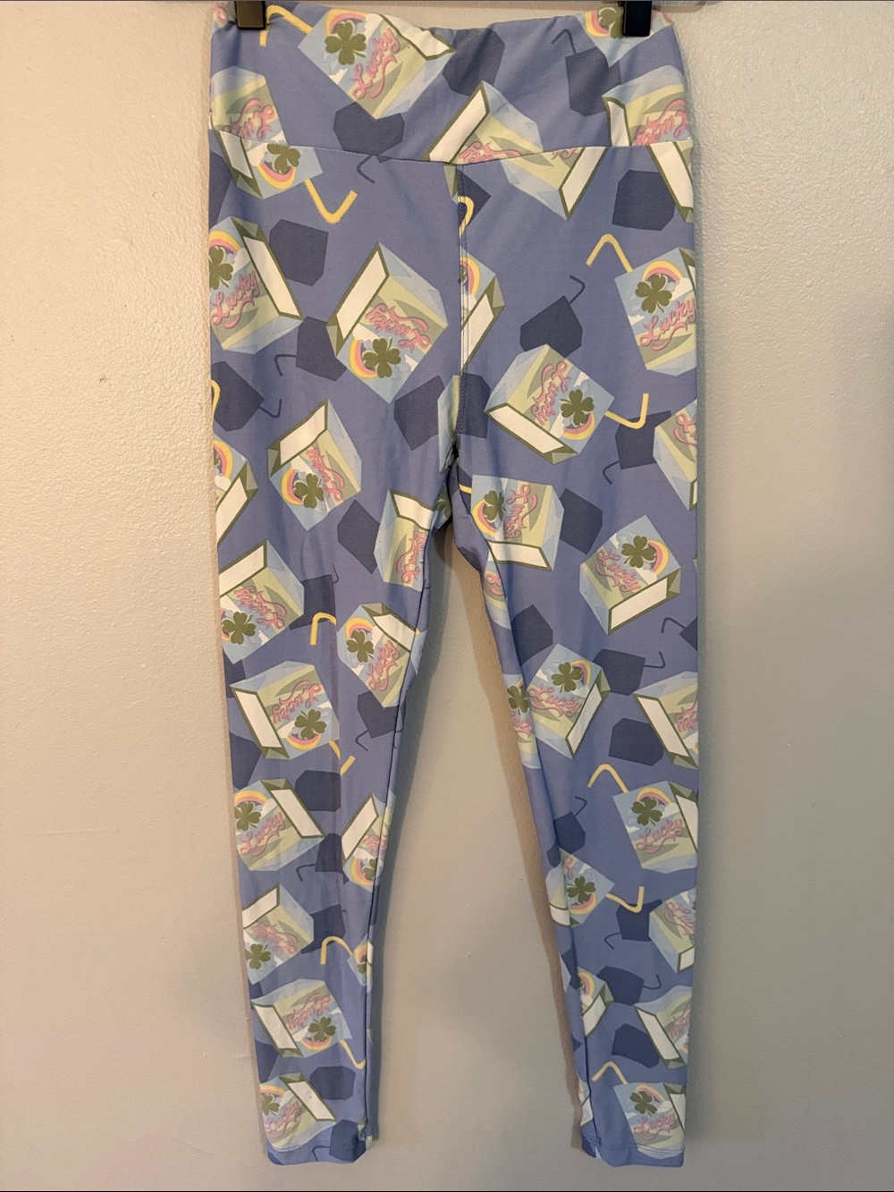 LuLaRoe Light Blue Lucky Beverage Carton Print Leggings